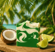 Coconut Lime Bar Soap -  Soap Boutique with coconut and lime on a beach background, showcasing tropical design.