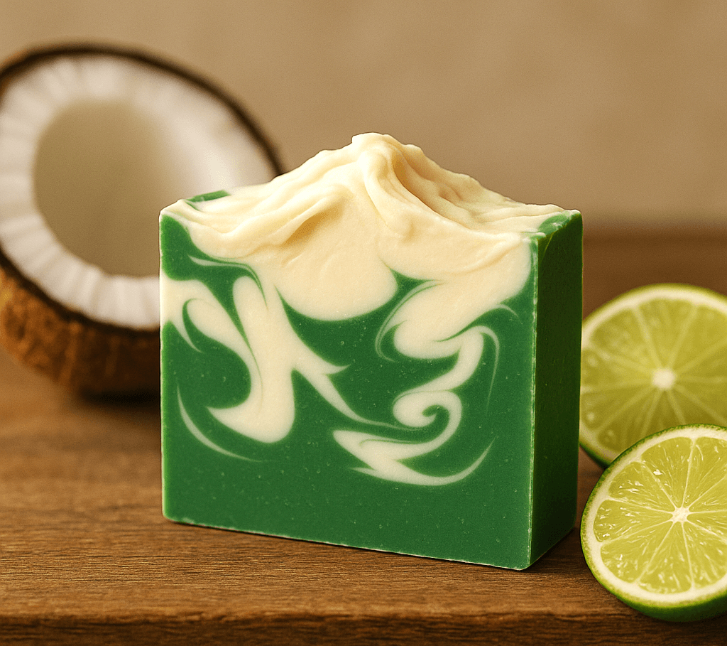 Coconut Lime Bar Soap -  Soap Boutique with creamy coconut and lime accents on a wooden surface.