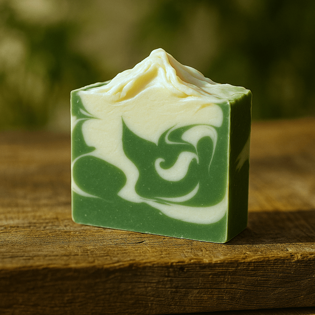 Coconut Lime Bar Soap -  Soap Boutique on a wooden surface, showcasing its vibrant green and creamy swirls.