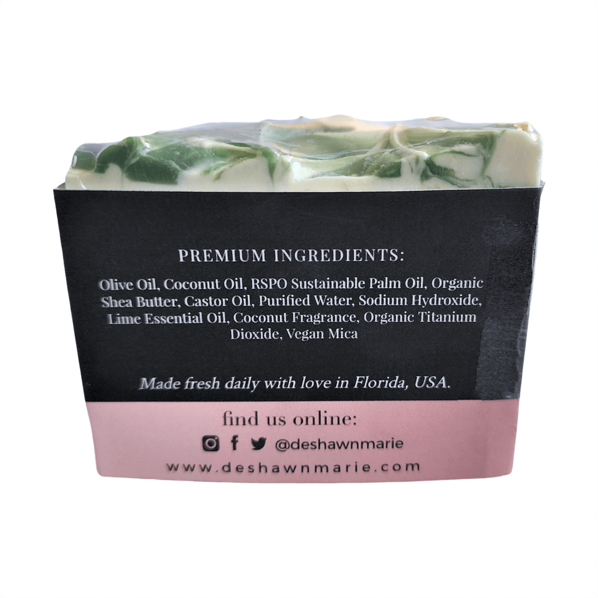 Coconut Lime Bar Soap -  Soap Boutique premium ingredients listing on back of bar soap packaging.