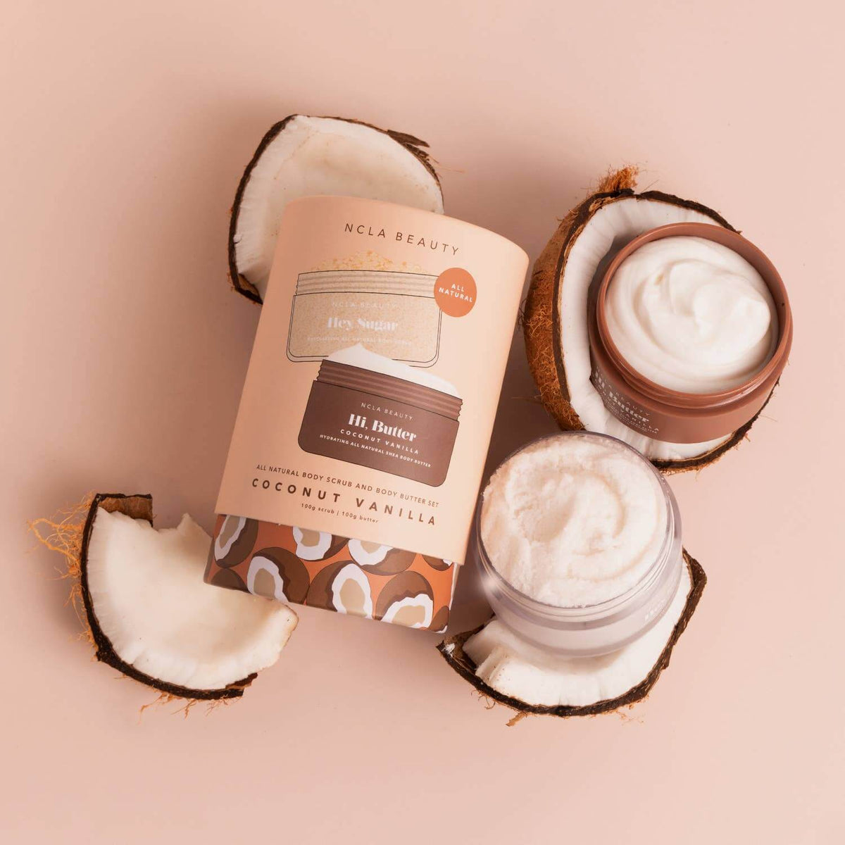 Coconut butter product with packaging on a pink background