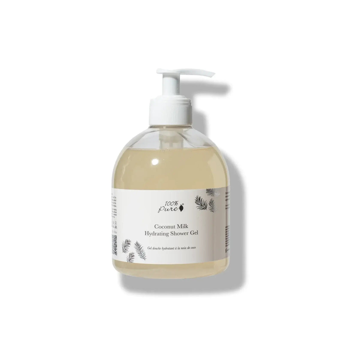 Coconut milk hydrating shower gel bottle with pump on a white background