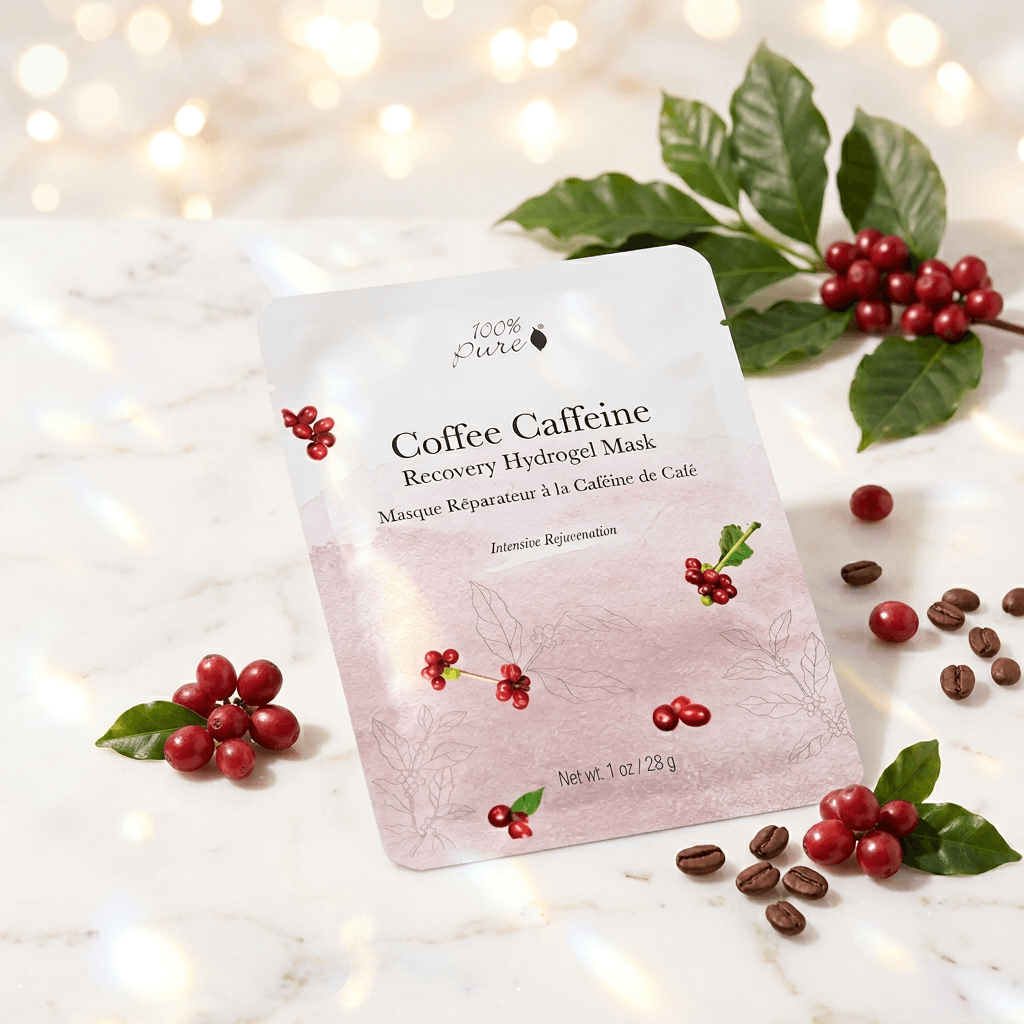 Coffee Caffeine Recovery Hydrogel Mask packaging with coffee beans and berries on a soft background