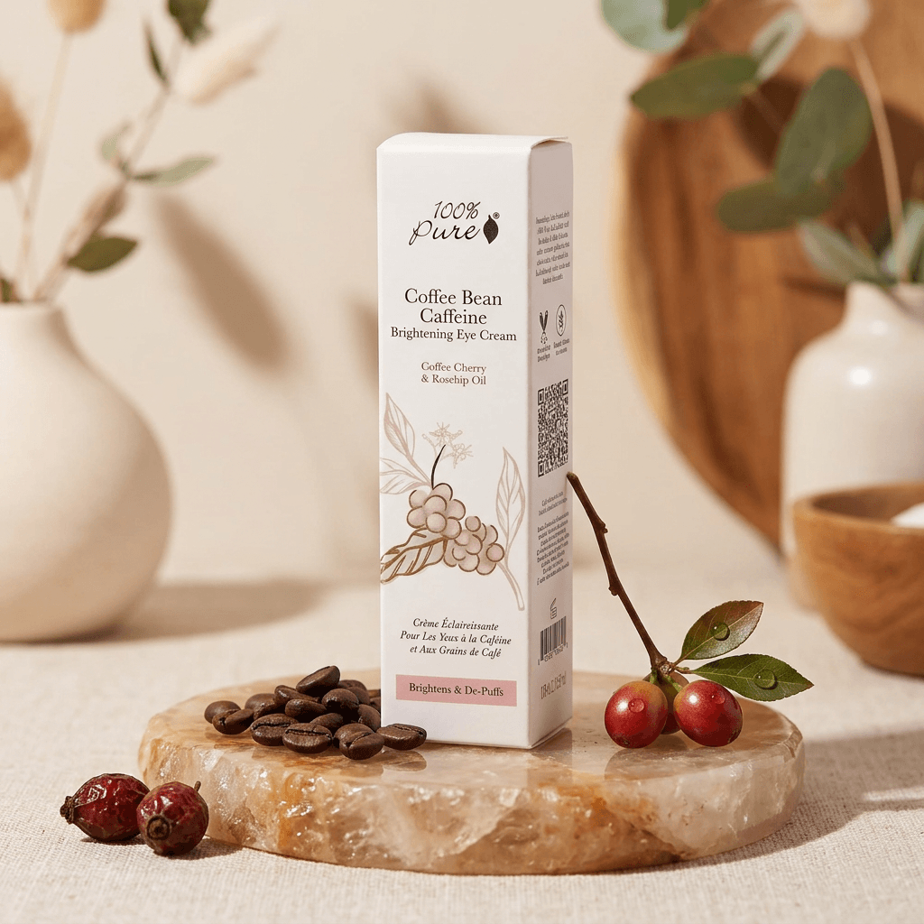 Coffee bean caffeine eye cream packaging on a marble slab with coffee beans and cherries.