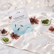 Collagen peptide hydrogel mask with packaging on a decorative background