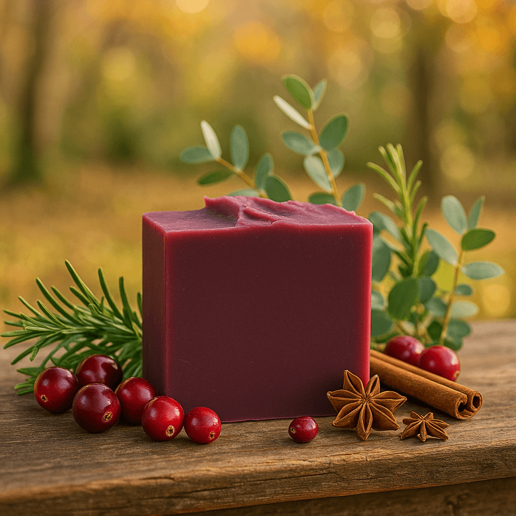 Cranberry Spice Soap Bar - Soap Boutique resting on a wooden table, surrounded by cranberries and spices in a cozy autumn setting.
