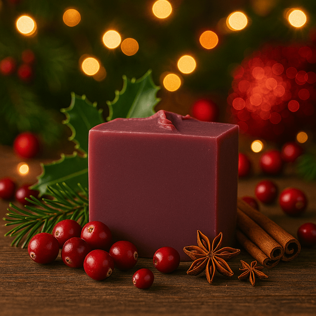 Cranberry Spice Soap Bar - Soap Boutique surrounded by cranberries, cinnamon sticks, and festive decorations.