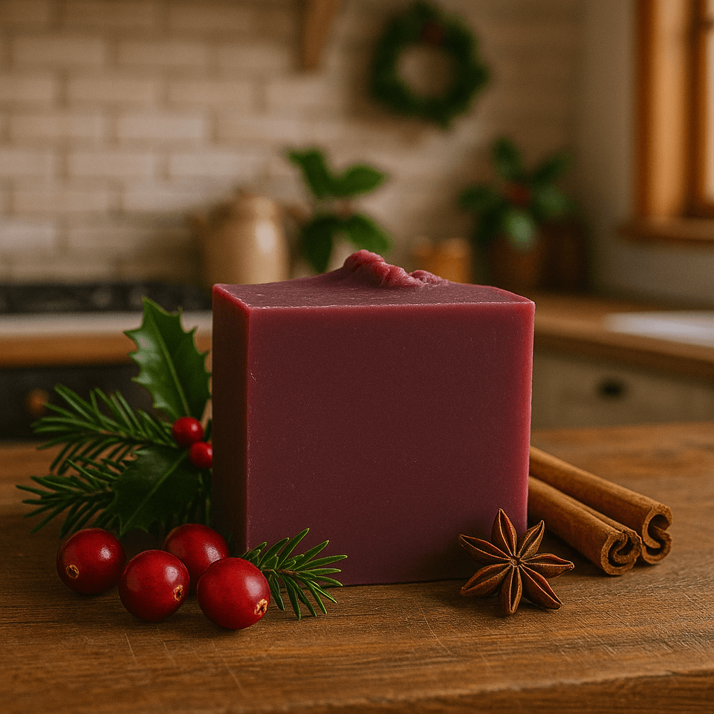 Cranberry Spice Soap Bar - Soap Boutique displayed with holly, cinnamon sticks, and cranberries in a cozy kitchen setting.