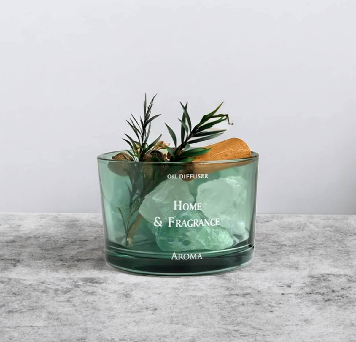 Crystal Aroma Home Scent Stone Diffuser with natural crystals and greenery in a decorative glass container