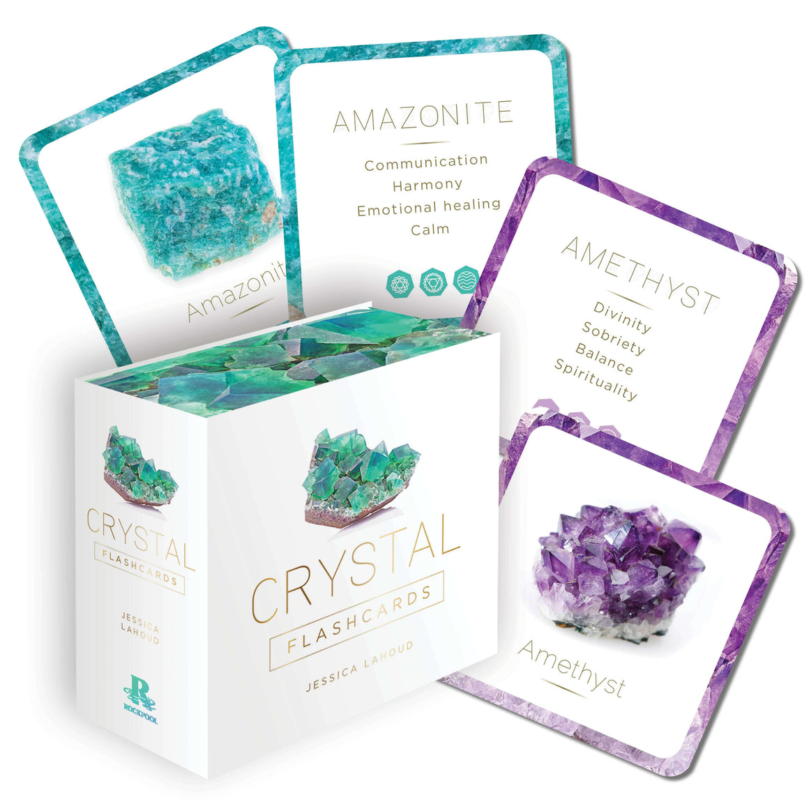 Crystal flashcards with Amazonite and Amethyst images and descriptions on a white background.