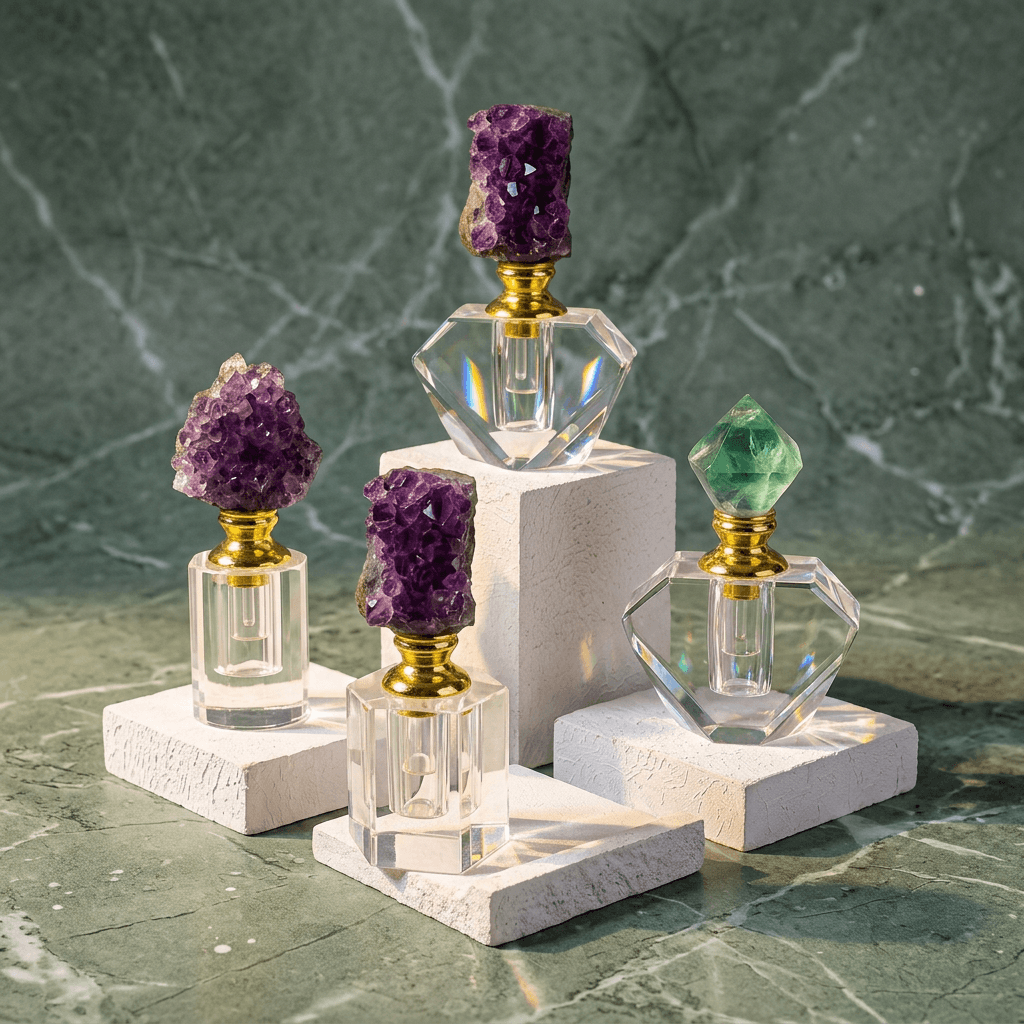 Elegant Crystal Gem Stone Essential Oil Bottle set with natural gemstones on a marble background.