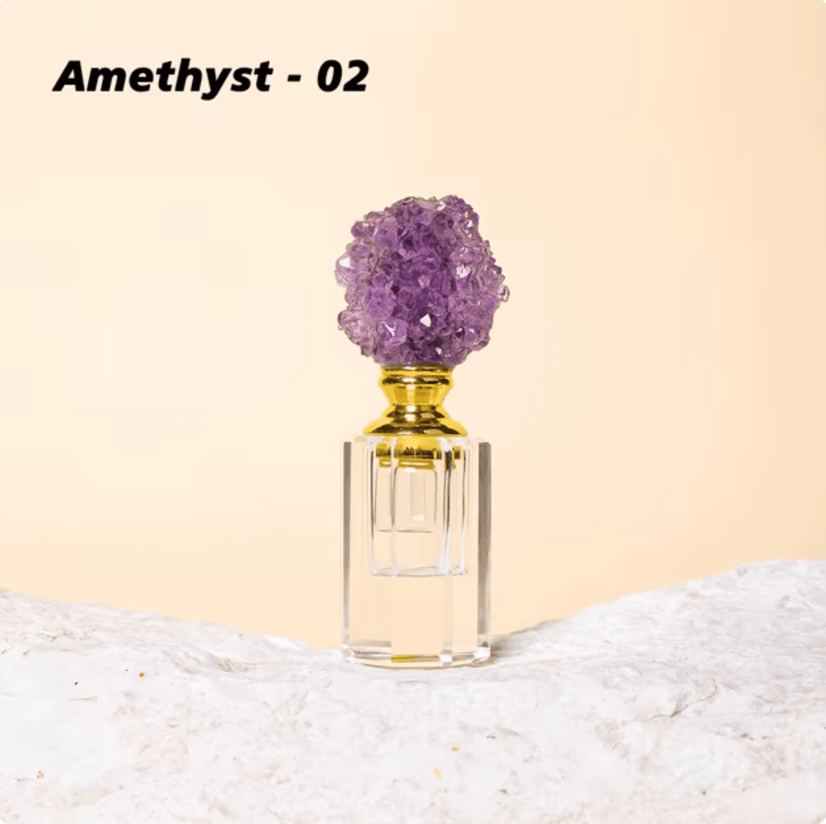 Elegant Crystal Gem Stone Essential Oil Bottle with Amethyst cap, showcasing unique natural gemstone design.