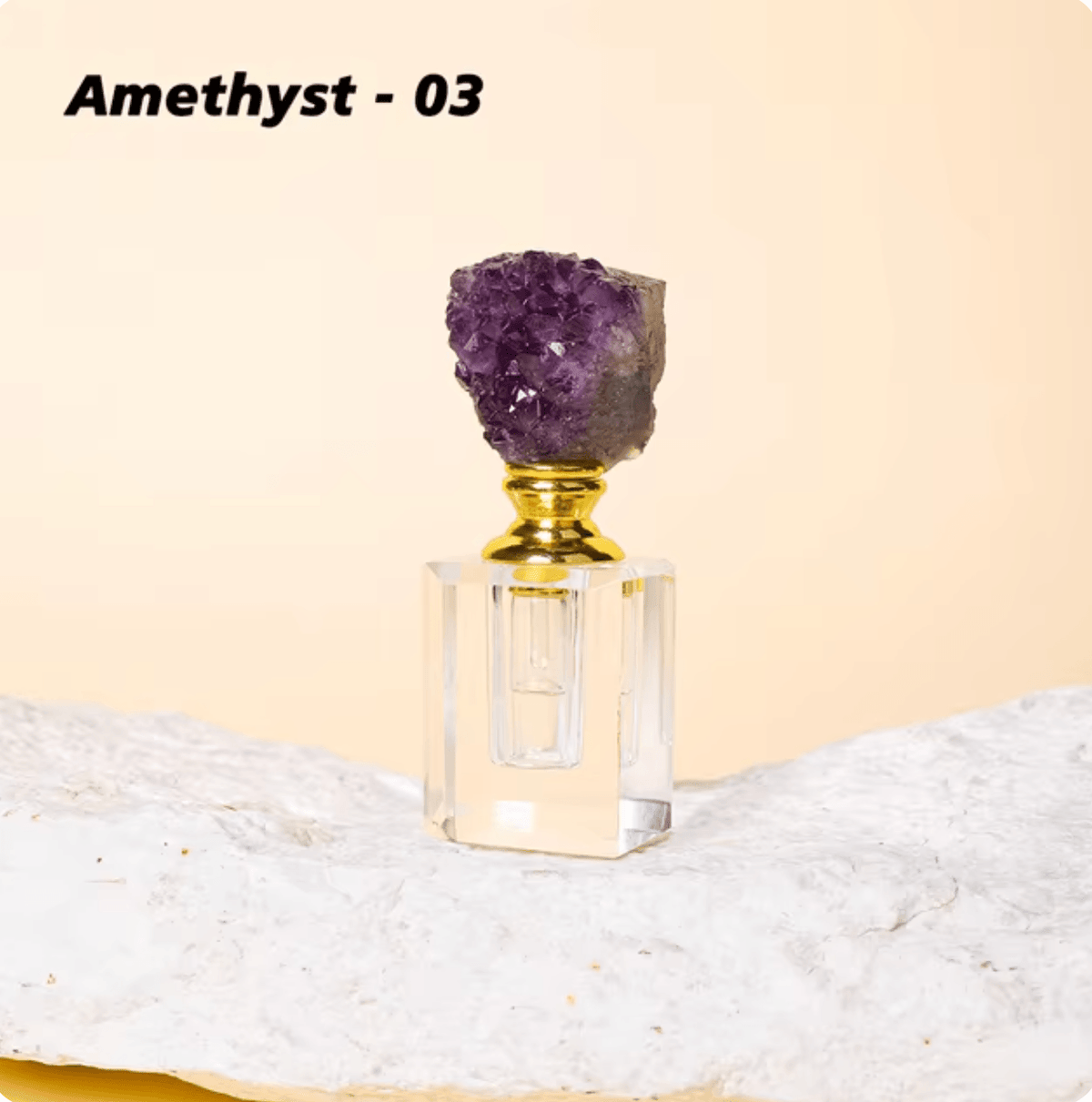 Crystal Gem Stone Essential Oil Bottle featuring a stunning Amethyst crystal top.