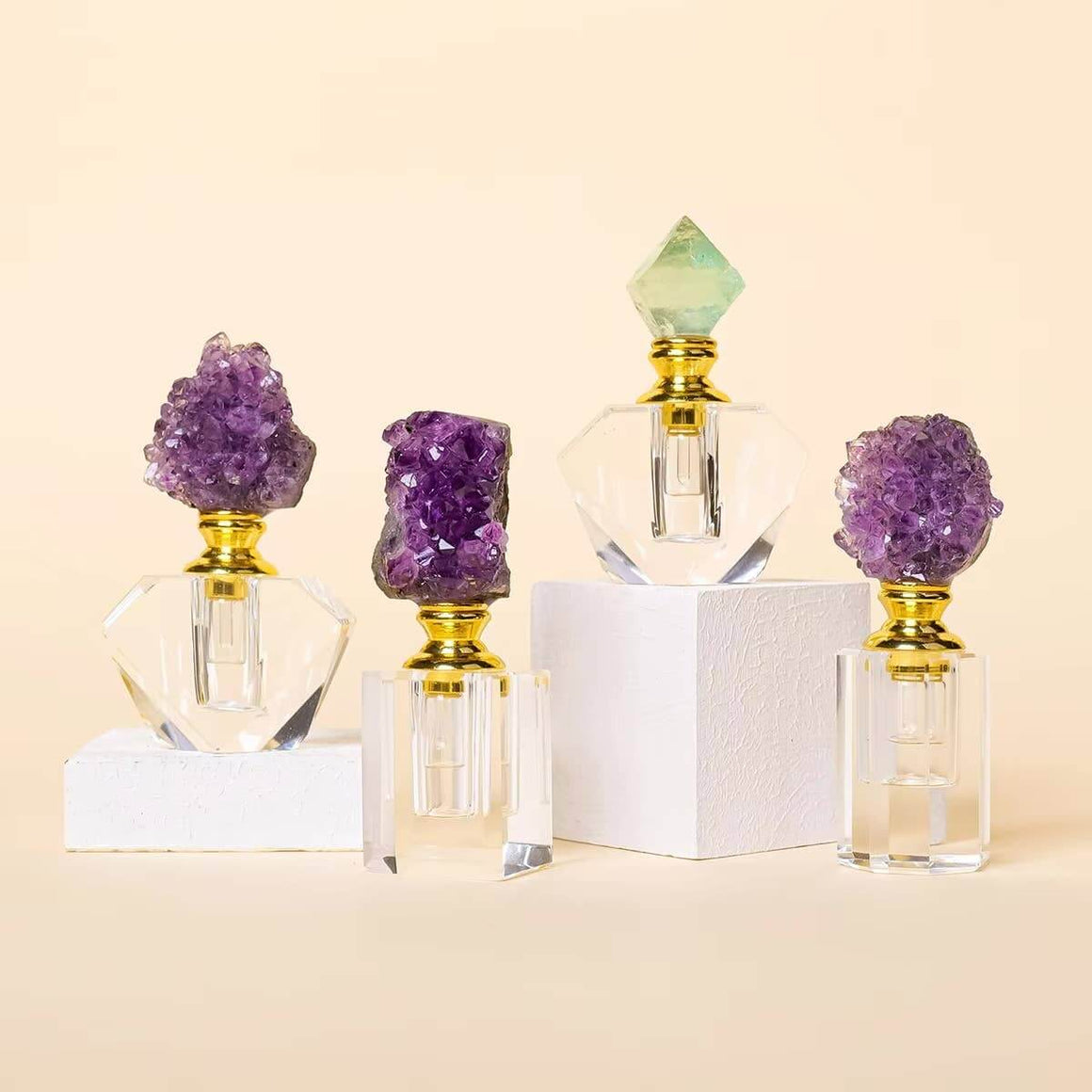 Crystal Gem Stone Essential Oil Bottle collection featuring unique natural gemstone caps.