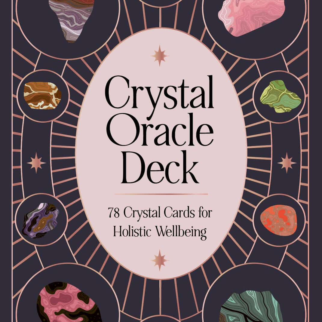 Crystal Oracle Deck book cover with crystal images and text on a dark background