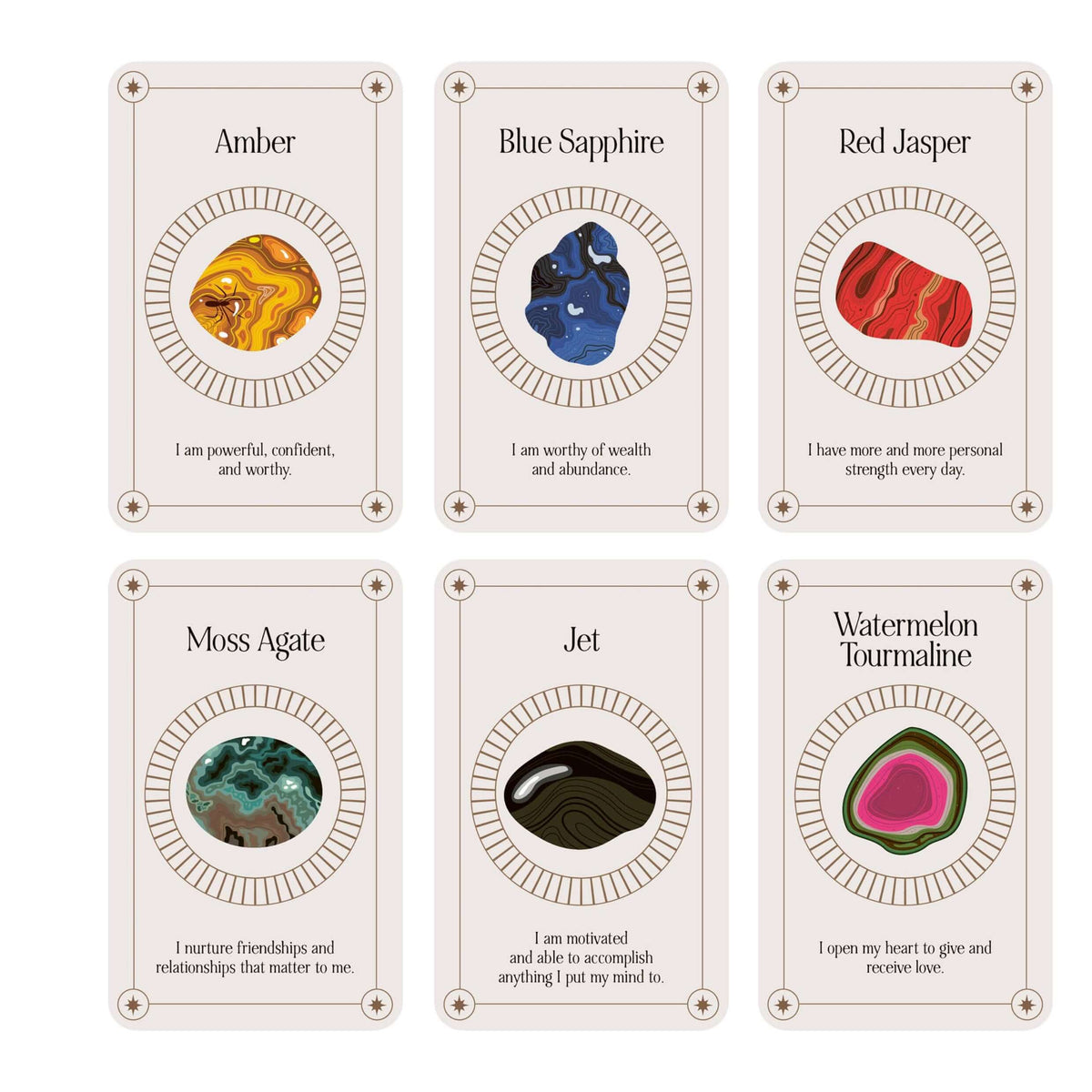 Crystal Oracle Deck with cards featuring different crystals and their meanings on a white background.
