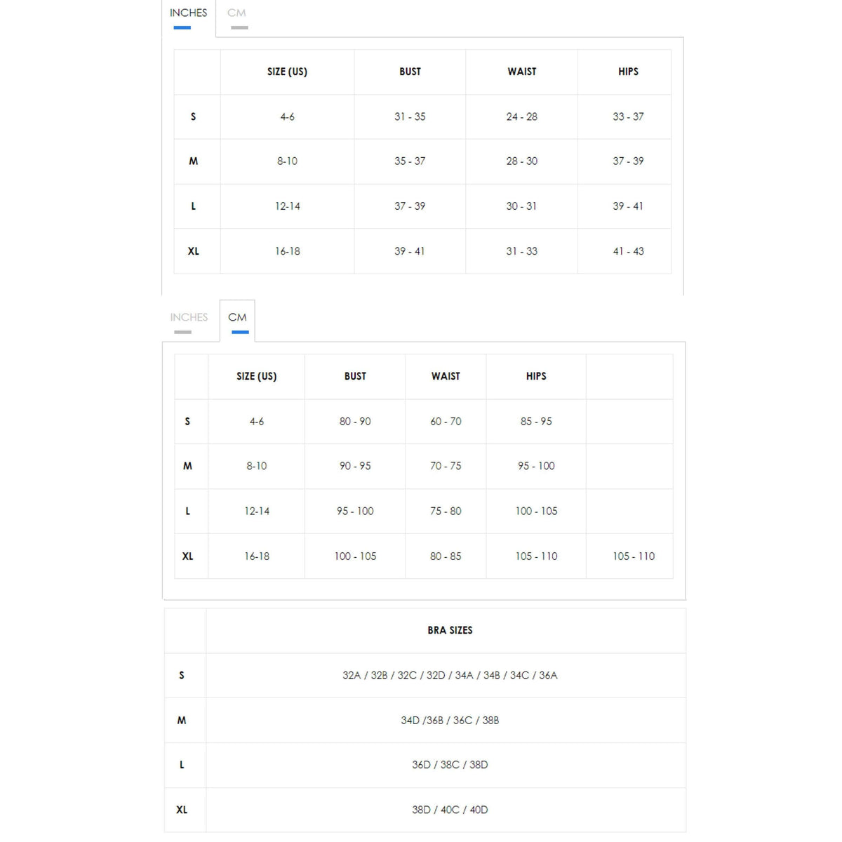 Size chart for clothing measurements in inches and centimeters.