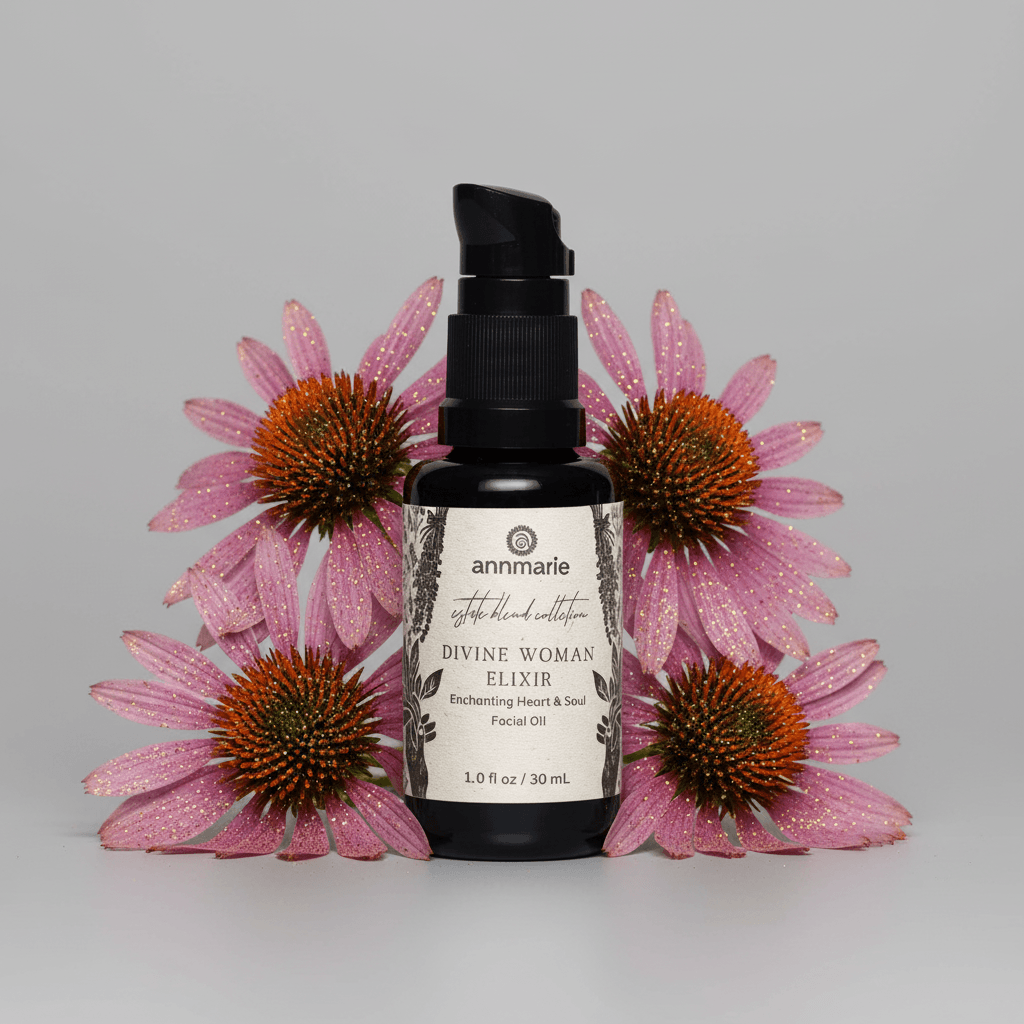 Black bottle labeled 'Divine Woman Elixir' surrounded by pink flowers on a gray background