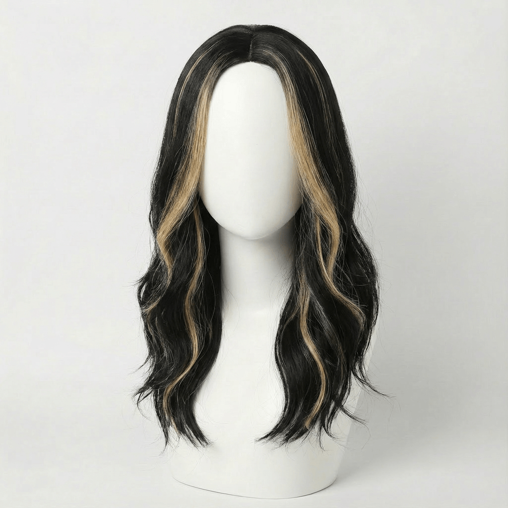 Dani Black Bodywave Wig with Blonde Highlights displayed on a mannequin, showcasing soft waves and strategic blonde accents.