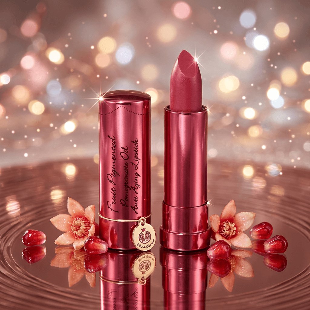 Dark Pink lipstick and case with flowers on a reflective surface and bokeh background