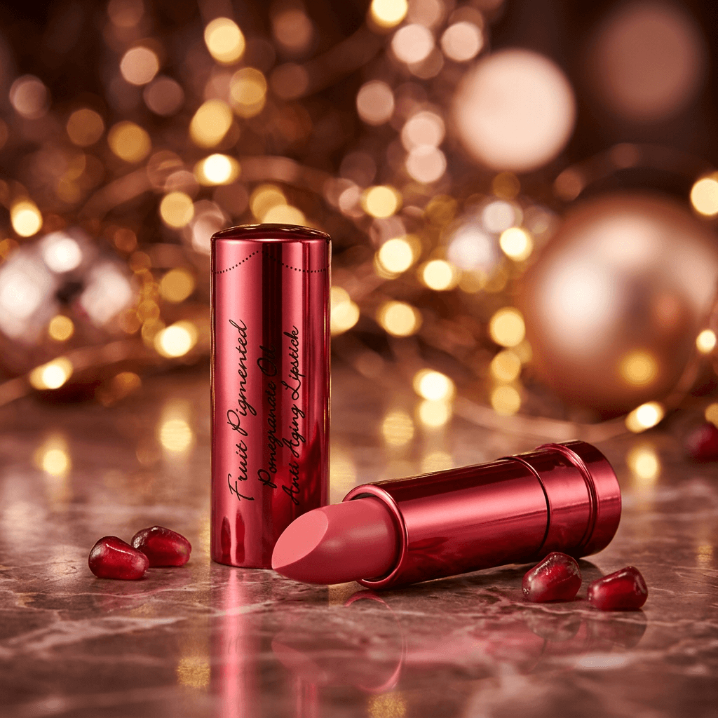 Dark Red lipstick with a blurred festive background