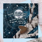 Darkness Greeting Card featuring artistic design with stars, a moon, and a comforting quote.