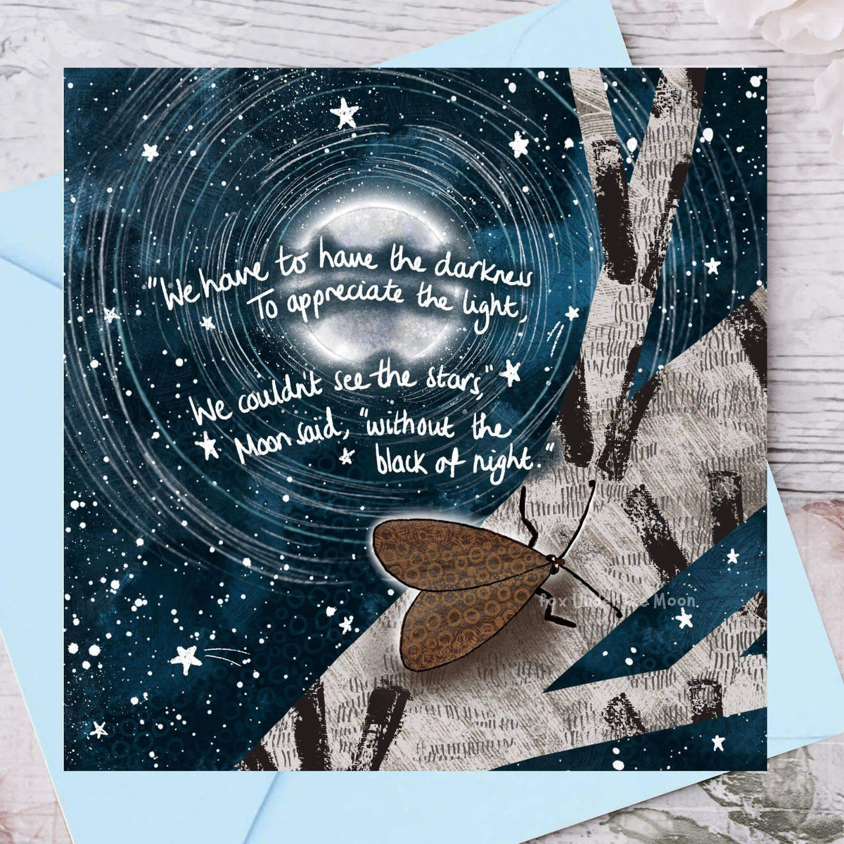 Darkness Greeting Card featuring artistic design with stars, a moon, and a comforting quote.