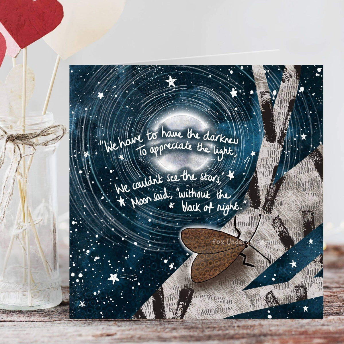 Darkness Greeting Card features a starry night design with a comforting quote against a dark background.