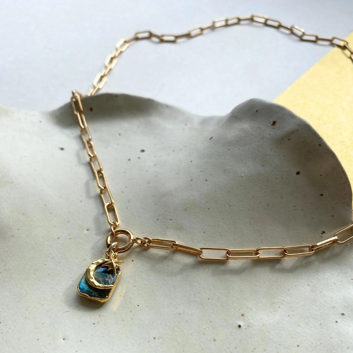 Labradorite Moon & Star Gem Slice Triple Chunky Chain Necklace - Adventure (Gold Plated)
