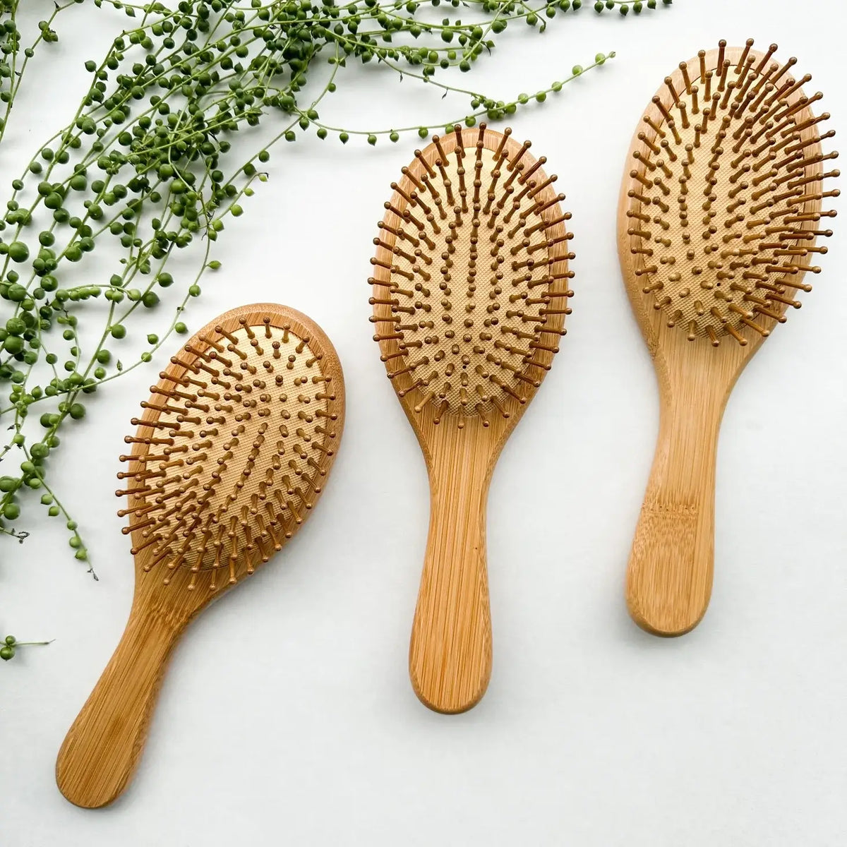 Three wooden hairbrushes on a light background with greenery.