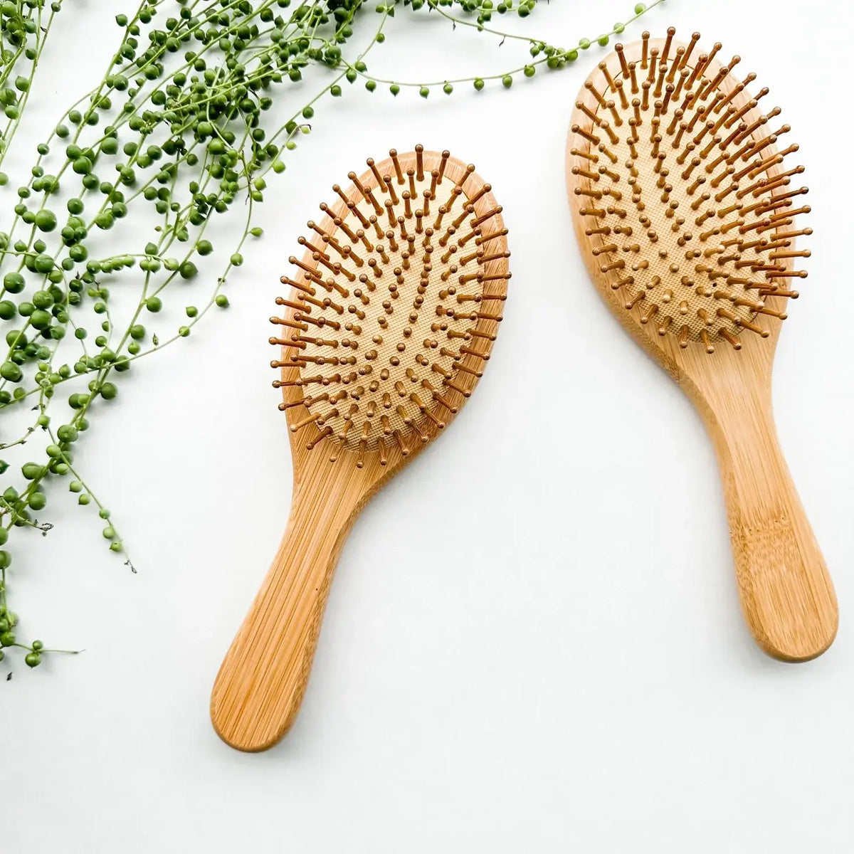 Two wooden hairbrushes on a white surface with green leaves.