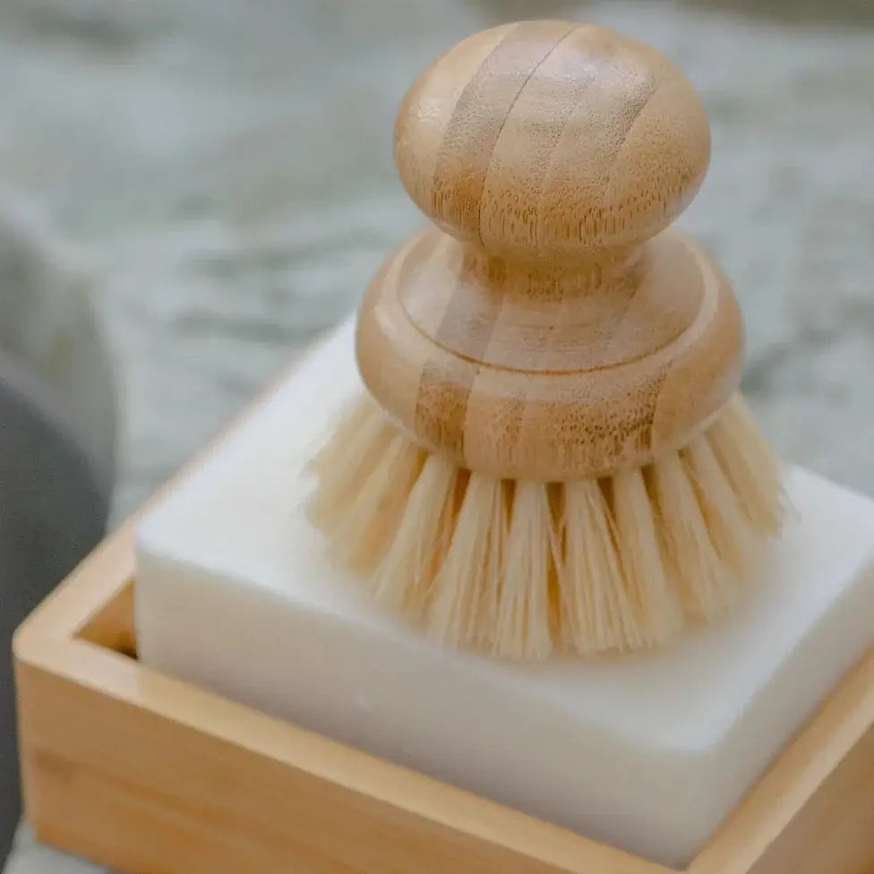 Bamboo dish brush on a block of soap with a blurred background