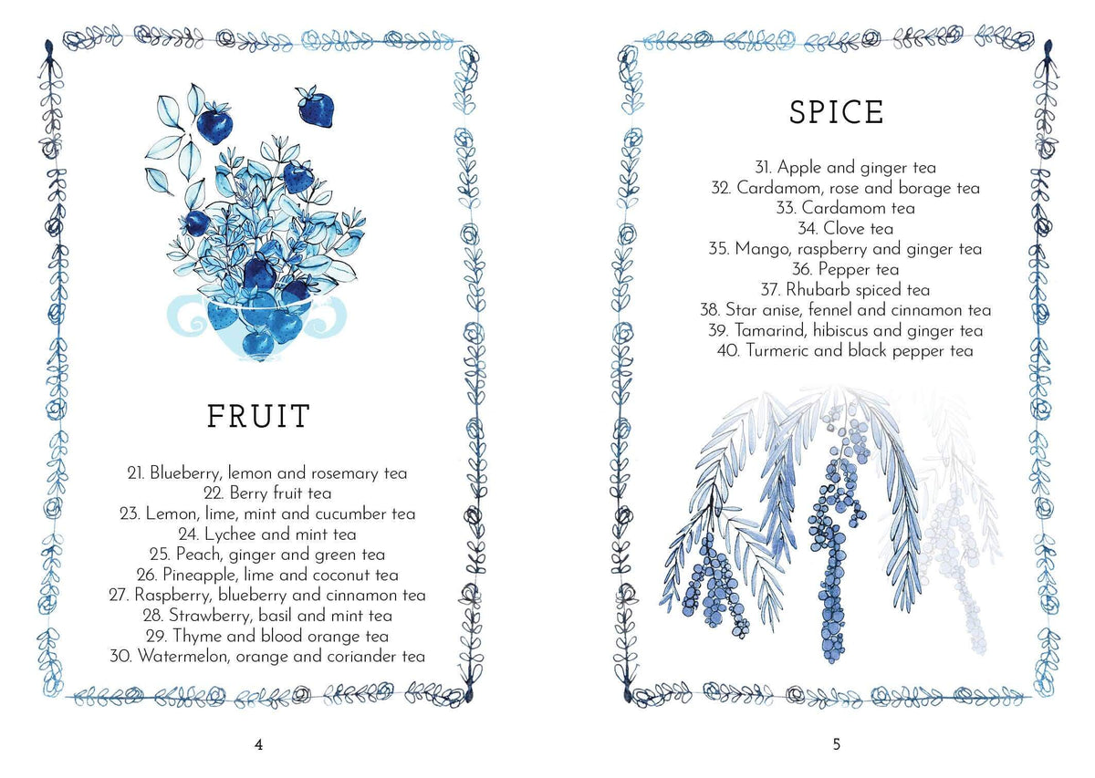 Two pages from a book or document, one titled 'Fruit' with illustrations of blueberries and flowers, the other titled 'Spice' with illustrations of spices.