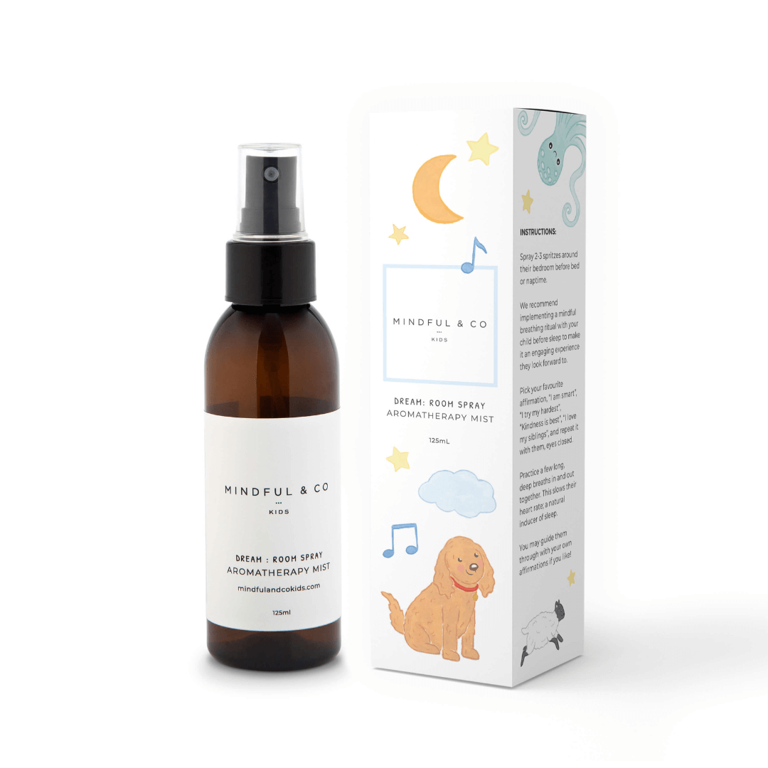 Dream Aromatherapy Spray by Mindful and Co Kids in a spray bottle with packaging for restful sleep.
