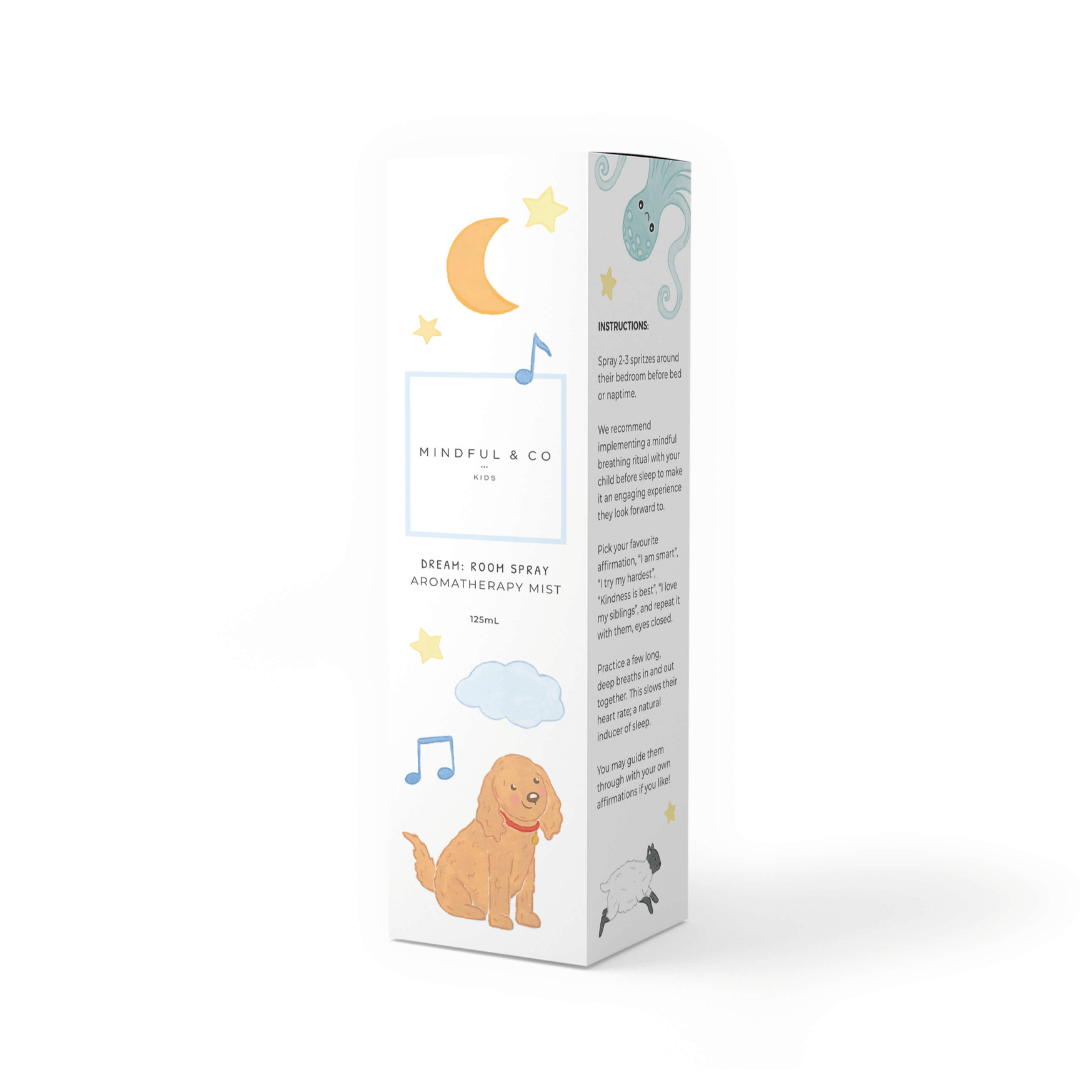 Dream Aromatherapy Spray by Mindful & Co for kids, featuring calming illustrations and instructions on peaceful sleep.