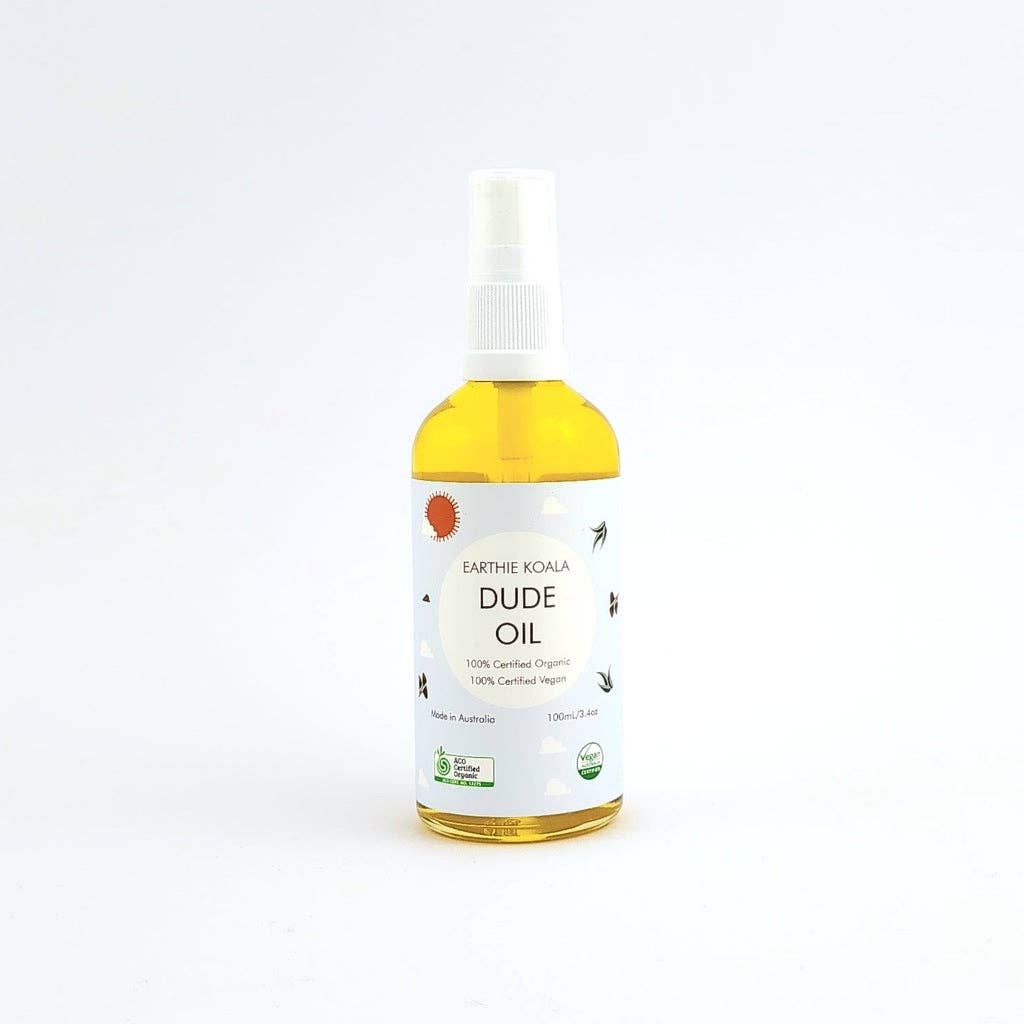 Dude Oil 100ml - Earthie Koala bottle with a lightweight formula for beard nourishment.
