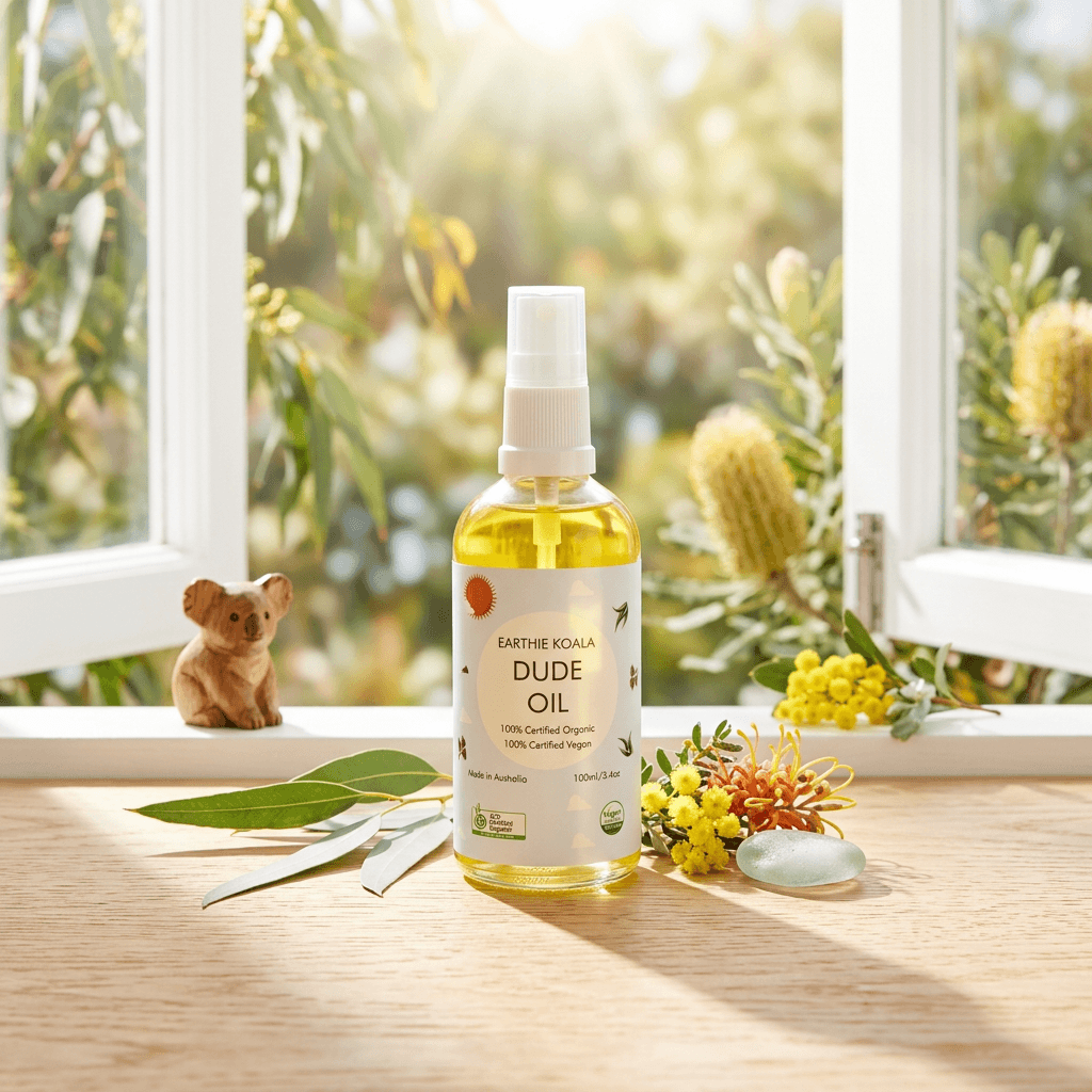 Dude Oil 100ml - Earthie Koala in a natural setting with greenery and koala figurine.