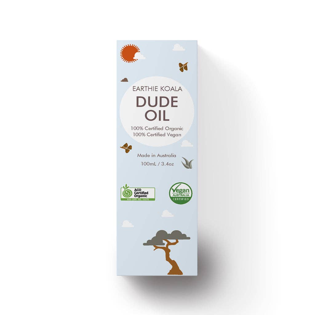 Dude Oil 100ml - Earthie Koala packaging featuring organic and vegan certifications.