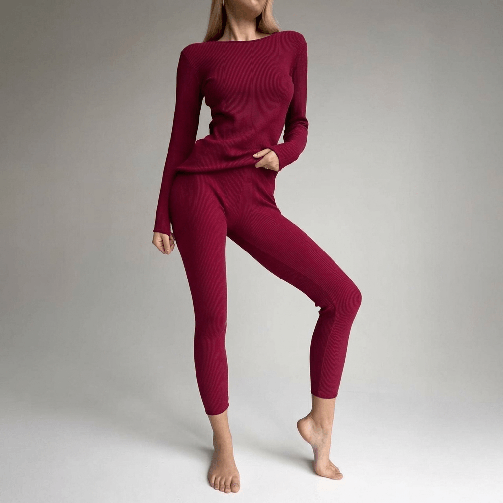 EASE 2 Piece Ribbed Cotton Loungewear - Claret Red model wearing stylish loungewear set in claret red color.