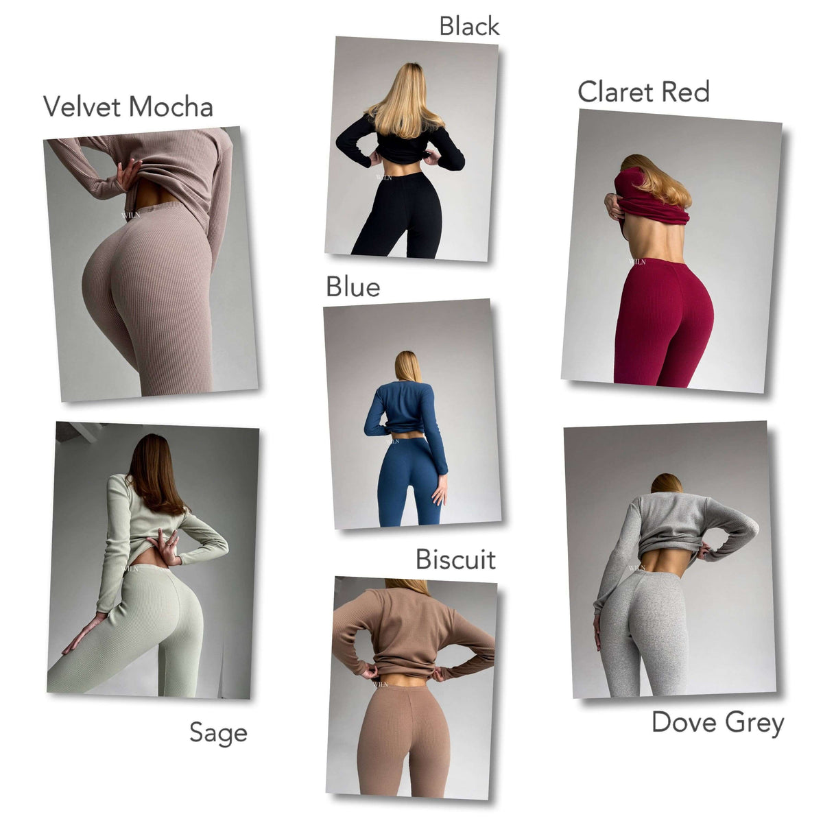 EASE 2 Piece Ribbed Cotton Loungewear - Claret Red displayed in various colors including Velvet Mocha, Blue, Sage, and Dove Grey.