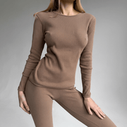 EASE 2 Piece Ribbed Cotton Loungewear Set - Biscuit, model showcasing soft ribbed fabric in a comfortable fit.