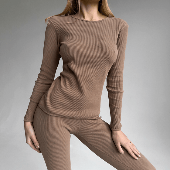 EASE 2 Piece Ribbed Cotton Loungewear Set - Biscuit, model showcasing soft ribbed fabric in a comfortable fit.