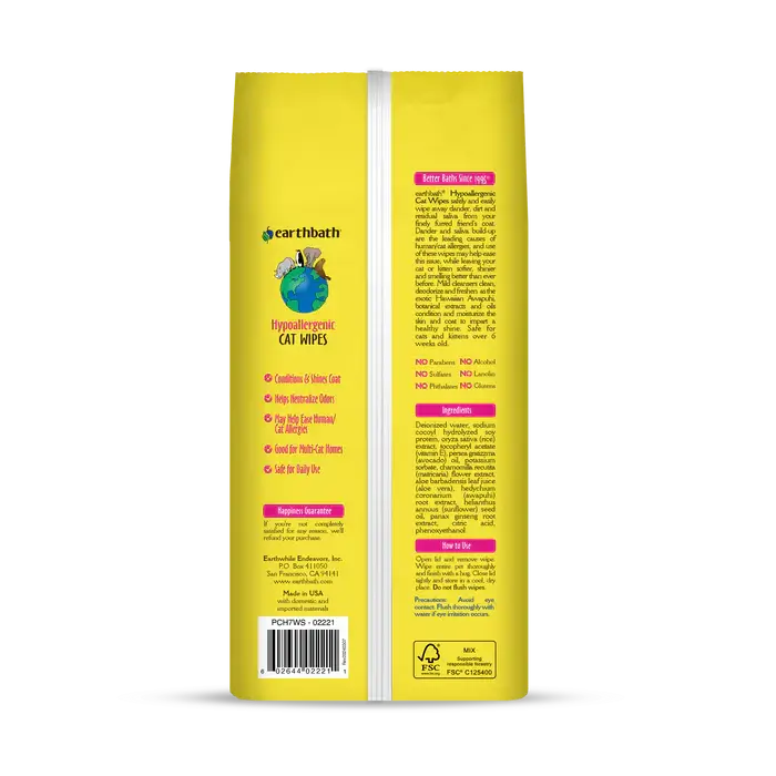 Earthbath Hypo-Allergenic Cat Grooming Wipes – 100 Count