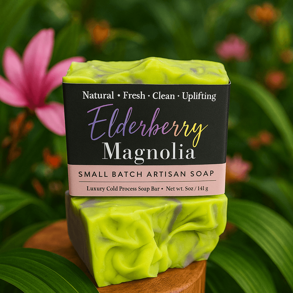 Elderberry Magnolia Soap Bar - Soap Boutique on display with vibrant colors and floral background.