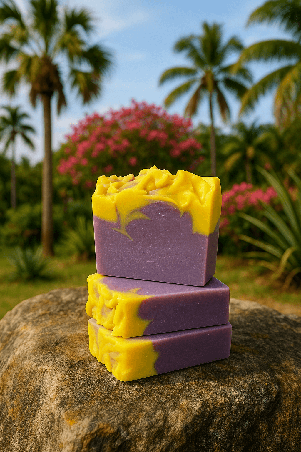 Elderberry Magnolia Soap Bar - Soap Boutique displayed outdoors with vibrant purple and yellow colors against a tropical background.