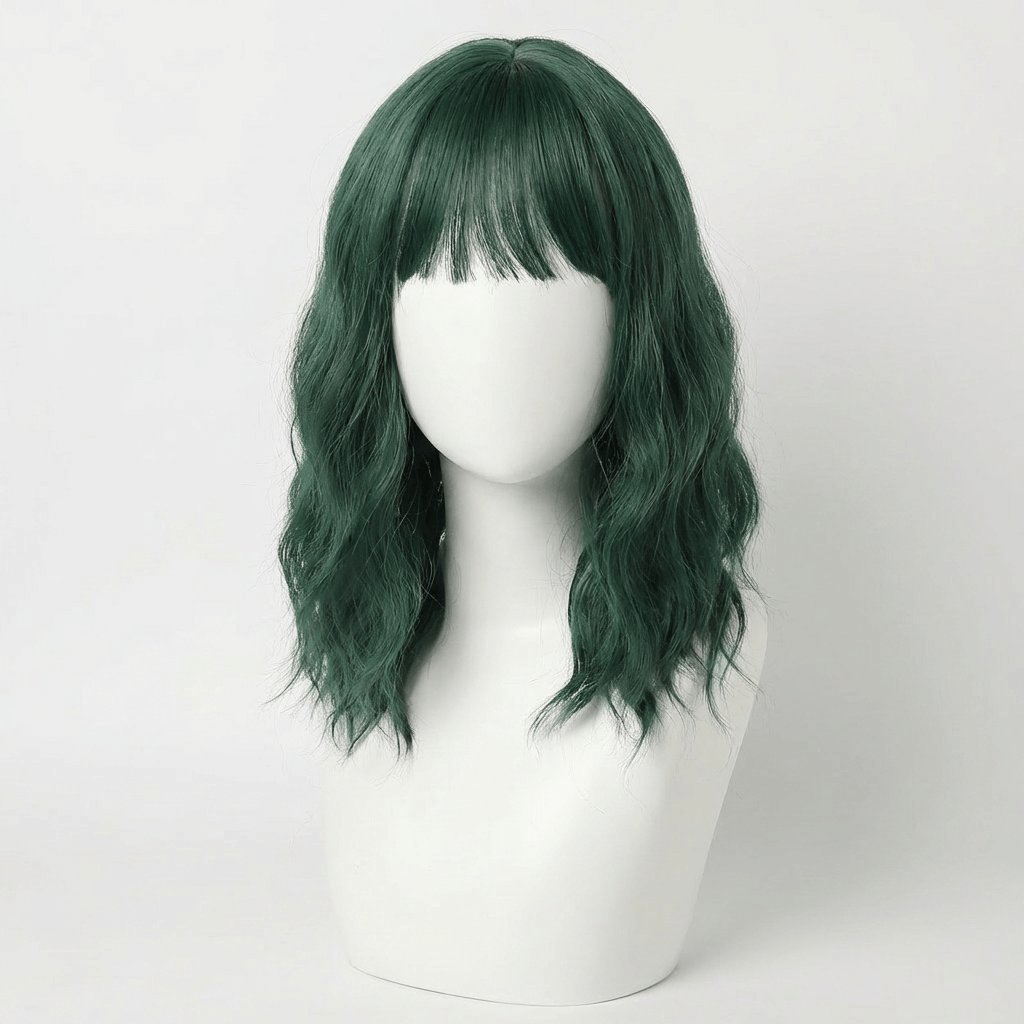 Emerald Short Green Wig with Bangs featuring a wavy bob and rich emerald green color.