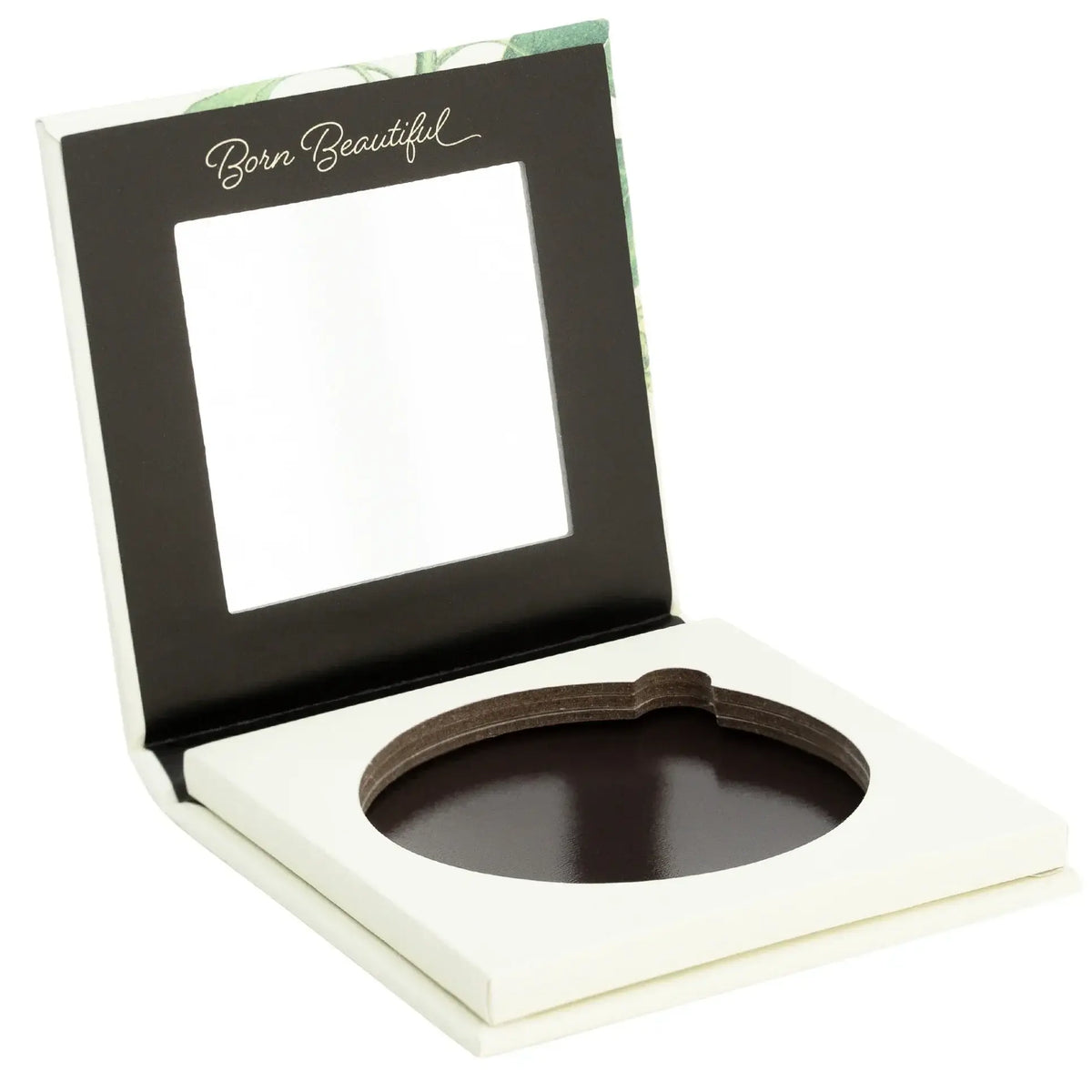 Makeup compact with mirror and brown powder, branded 'Born Beautiful', on a white background