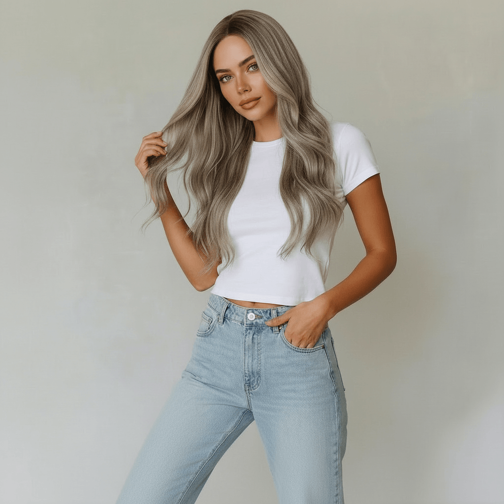 Model showcasing the Erika Long Silver Blonde Body Wave Wig in a casual outfit with flowing waves.