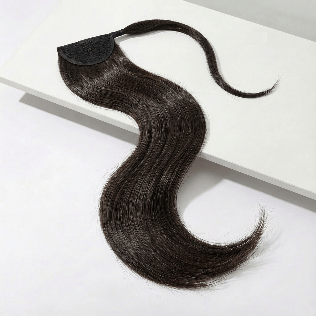 Espresso brown ponytail hair extension resting on a white surface, showcasing its silky straight texture.