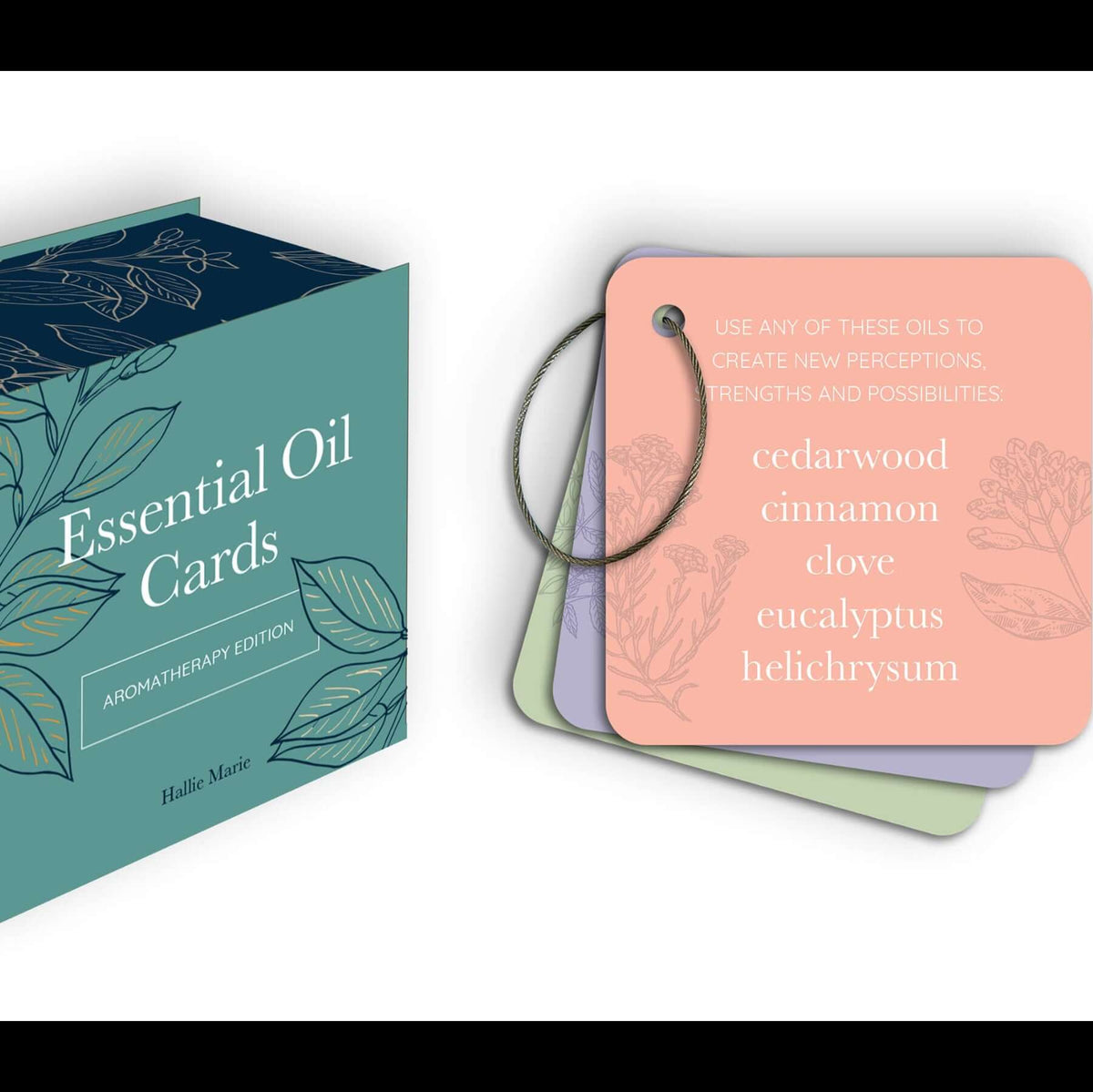 Set of essential oil cards with a box labeled 'Essential Oil Cards' on a white background.